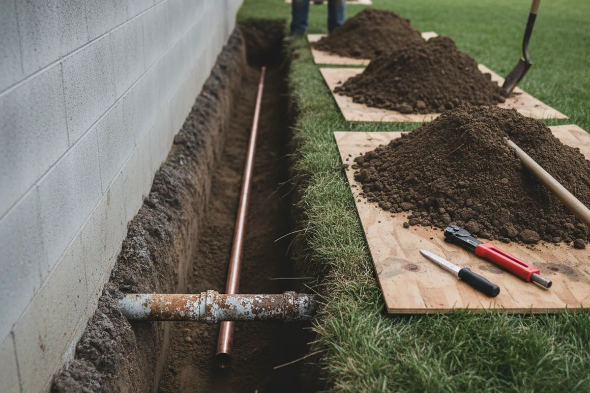Excavated water line trench during Sewer Line Repair in Wichita Falls